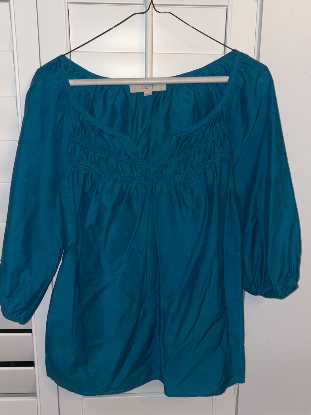 LOFT Teal Blue Smocked Peasant Blouse